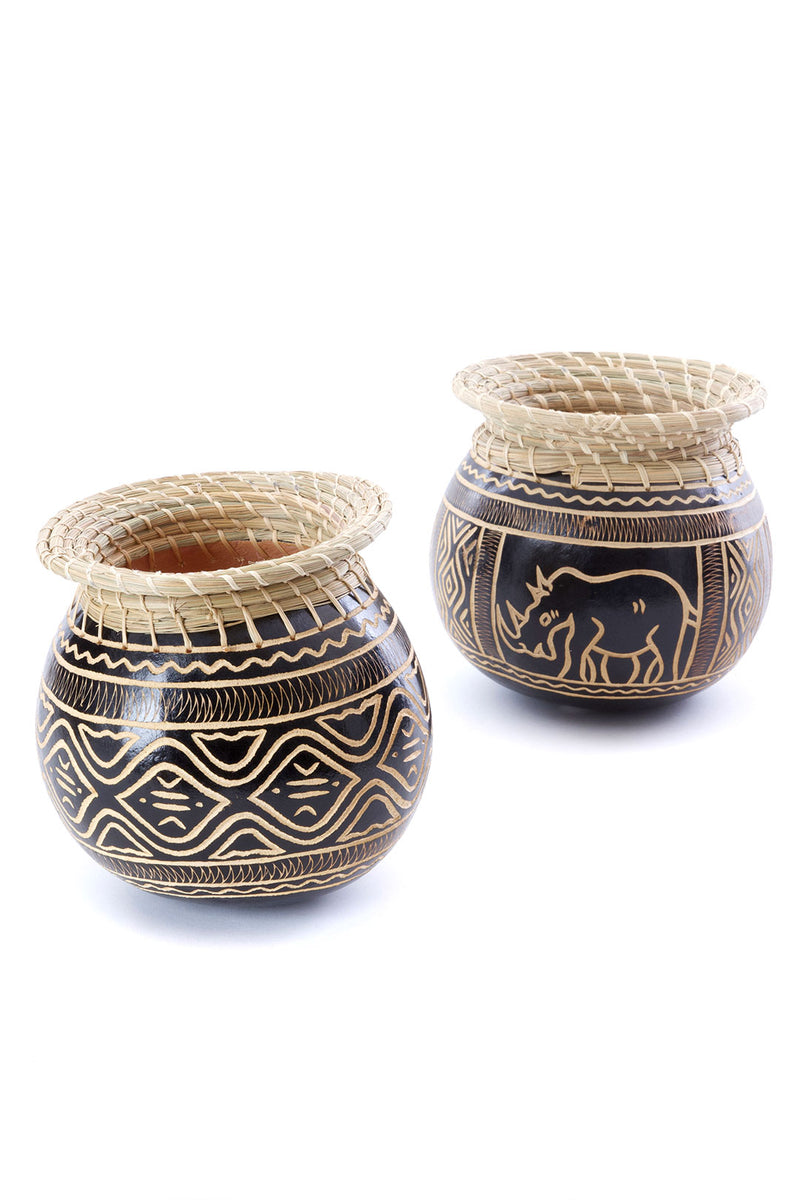 Small Carved Calabash Gourd Vessel with Basketry Rim