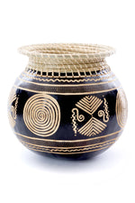 Large Carved Calabash Gourd Vessel with Basketry Rim