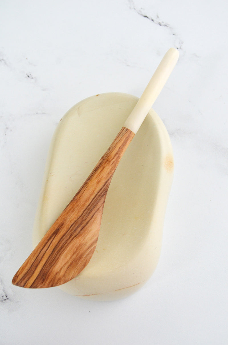 Wild Olive Wood Butter Spreader with White Bone Handle
