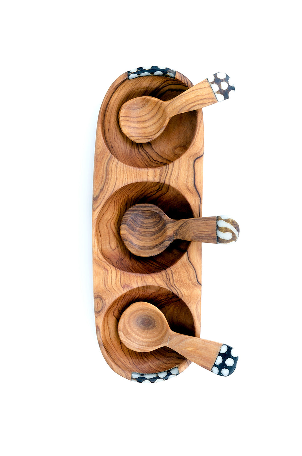 Triple Wild Olive Wood and Batik Bone Spice Bowl with Spoons Default Title