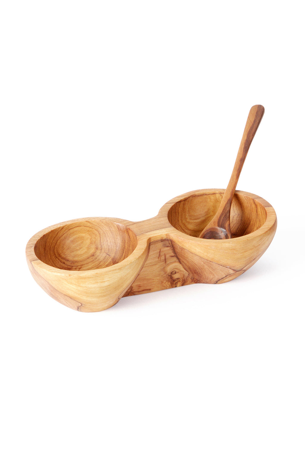 Double Wild Olive Wood Condiment Bowl with Spoons Default Title