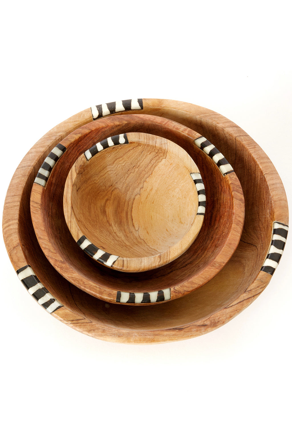 Set of Three Wild Olive Wood Bowls with Dyed Bone Inlay Default Title