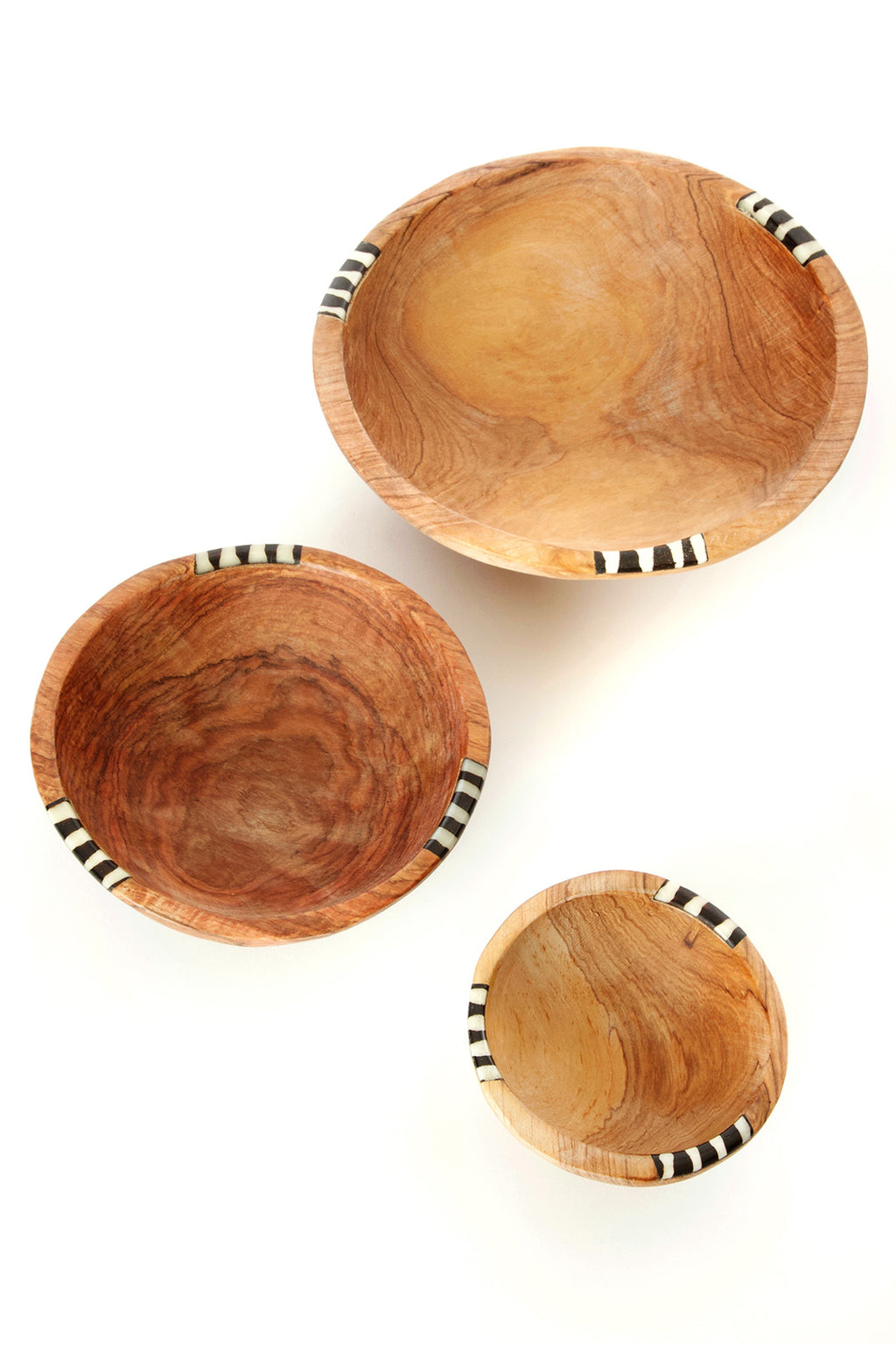 Set of Three Wild Olive Wood Bowls with Dyed Bone Inlay Default Title