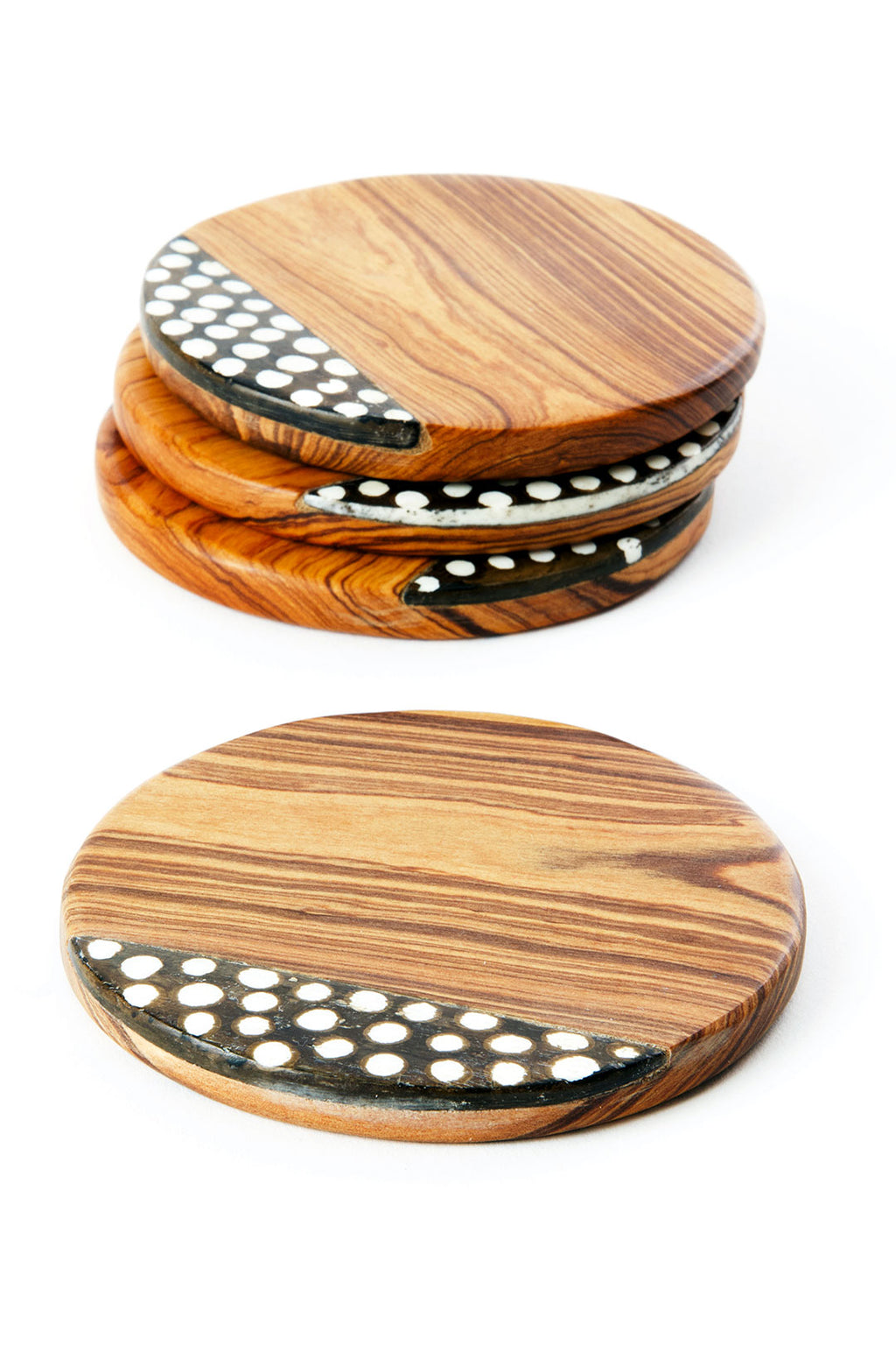 Set of Four Kenyan Wild Olive Wood Coasters with Dyed Bone Inlay