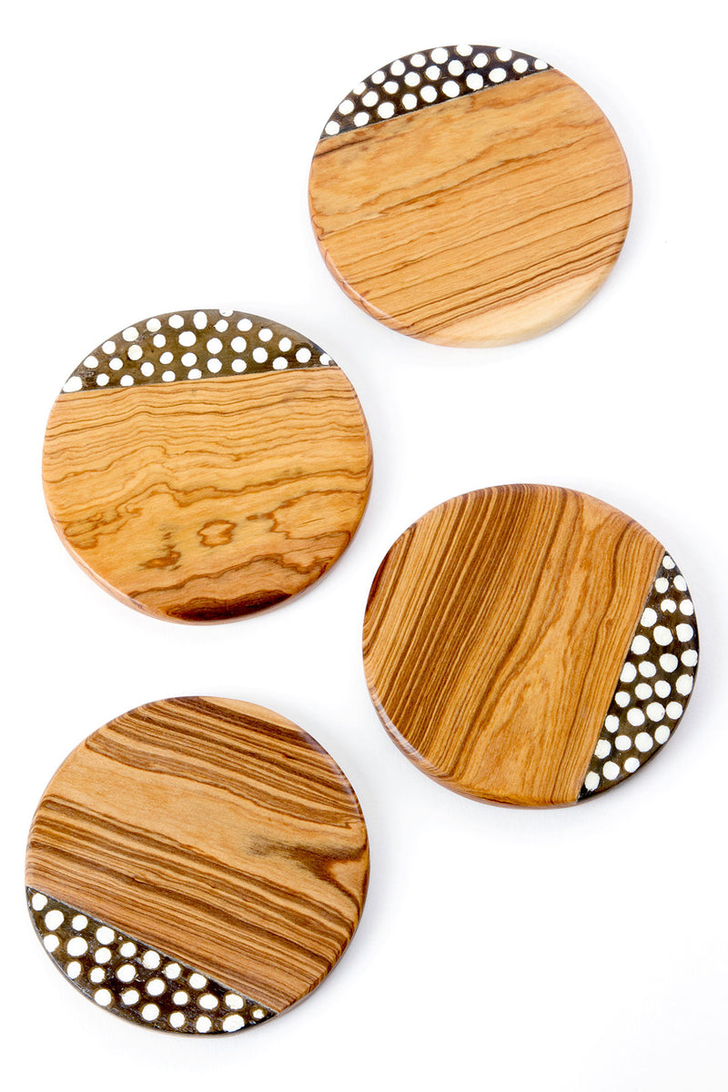 Set of Four Kenyan Wild Olive Wood Coasters with Dyed Bone Inlay