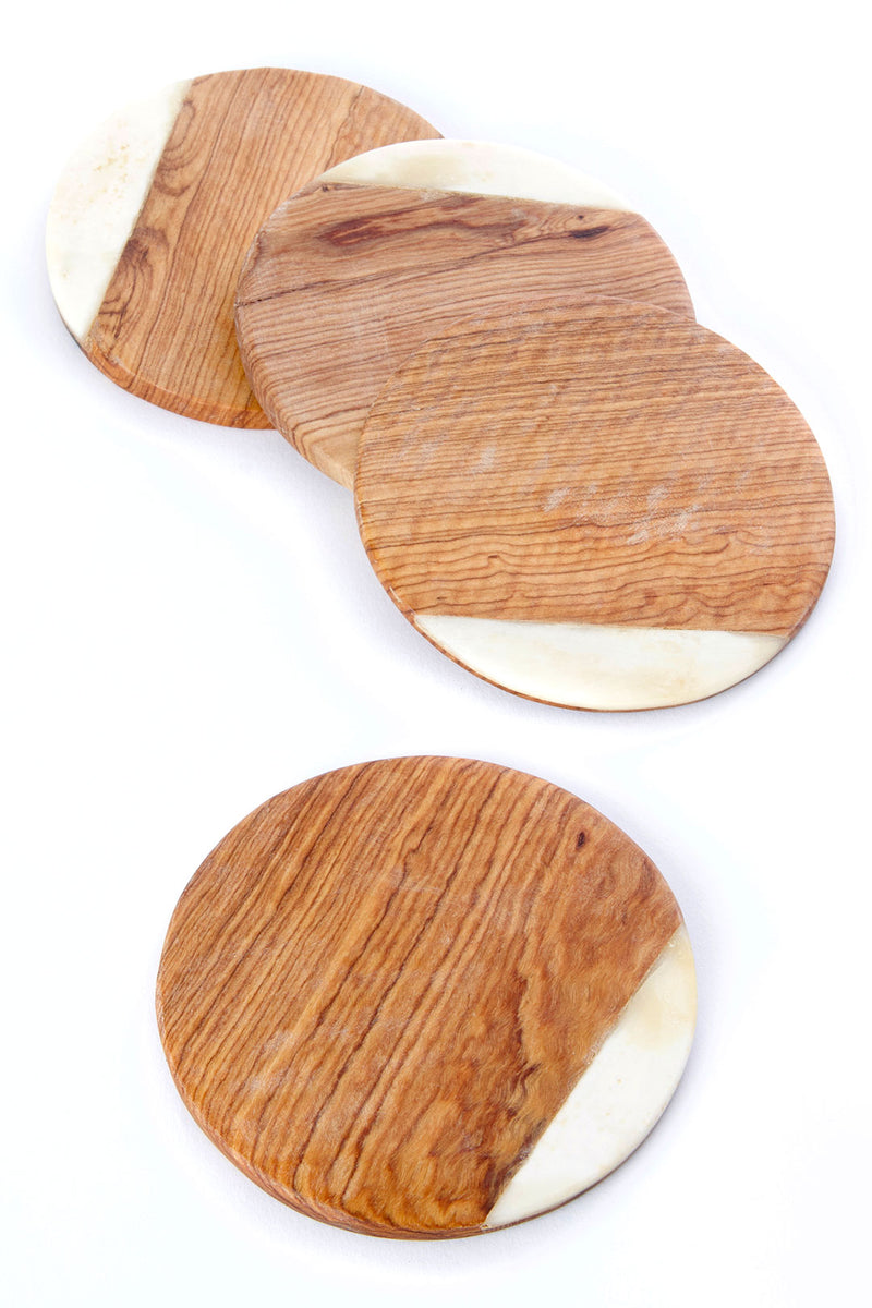 Set of Four Kenyan Wild Olive Wood Coasters with White Bone Inlay