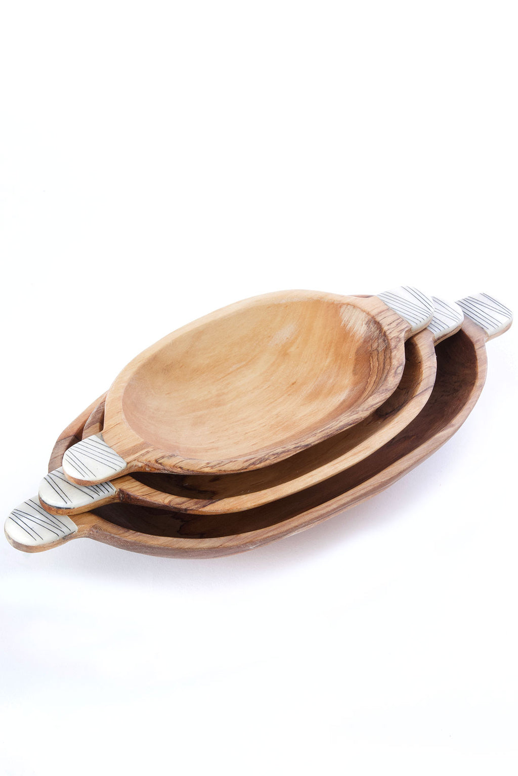 Set of Three Oval Wild Olive Wood Bowls with Striped Bone Handles