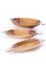 Set of Three Oval Wild Olive Wood Bowls with Striped Bone Handles