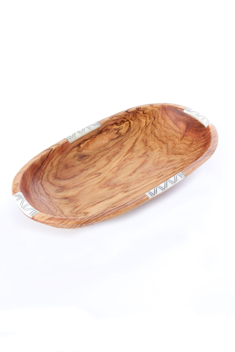 12" Wild Olive Wood Oval Bowl with Striped Bone Inlay