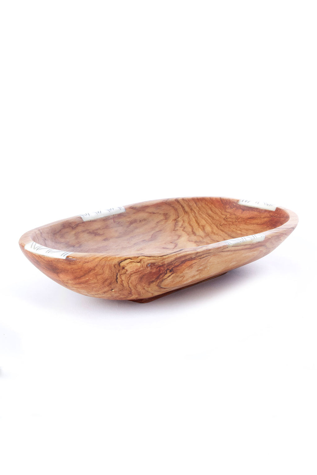 12" Wild Olive Wood Oval Bowl with Striped Bone Inlay