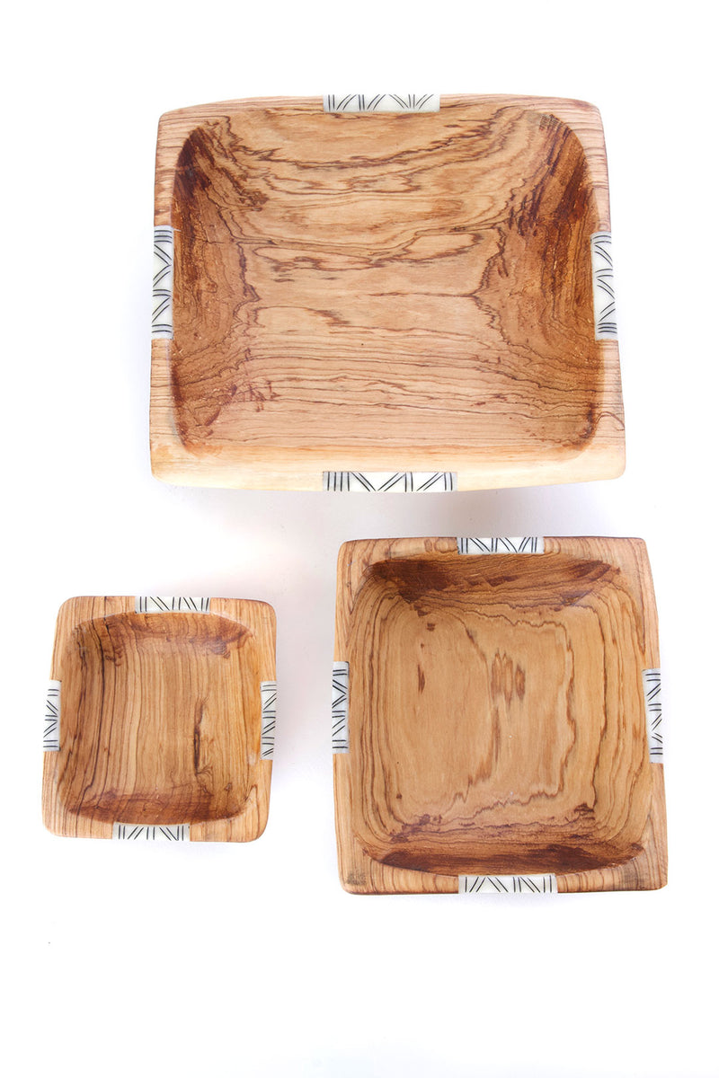 Set of Three Square Wild Olive Wood Square Bowls with Bone Inlay