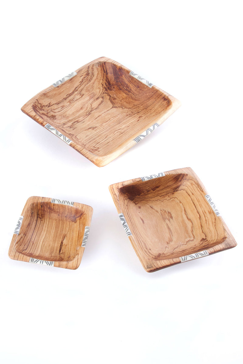 Set of Three Square Wild Olive Wood Square Bowls with Bone Inlay