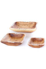 Set of Three Square Wild Olive Wood Square Bowls with Bone Inlay