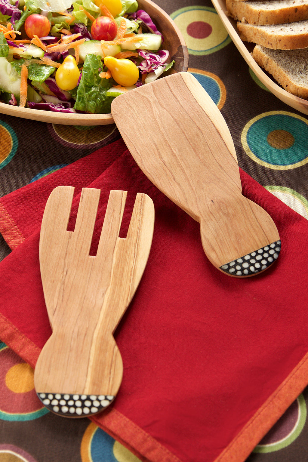 Kenyan Olive Wood Paddle Salad Servers with Bone Default Title