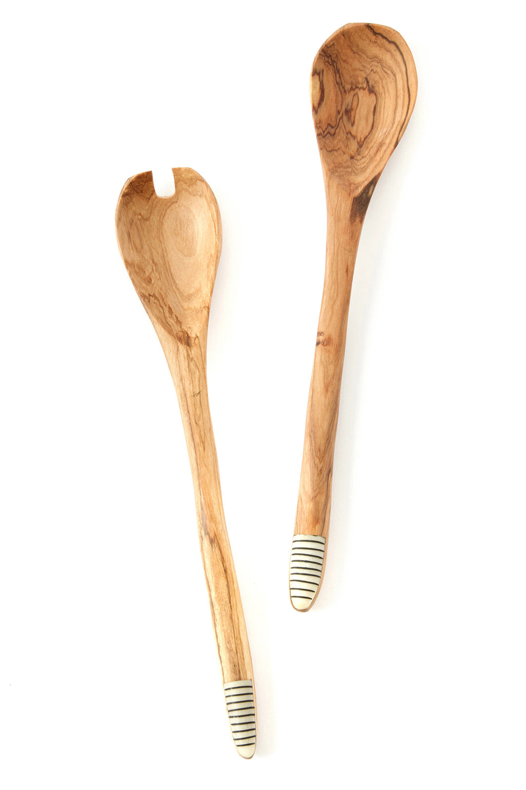 Notched Wild Olive Wood Salad Servers with Etched White Bone Handles Default Title