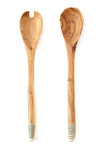 Notched Wild Olive Wood Salad Servers with Etched White Bone Handles Default Title