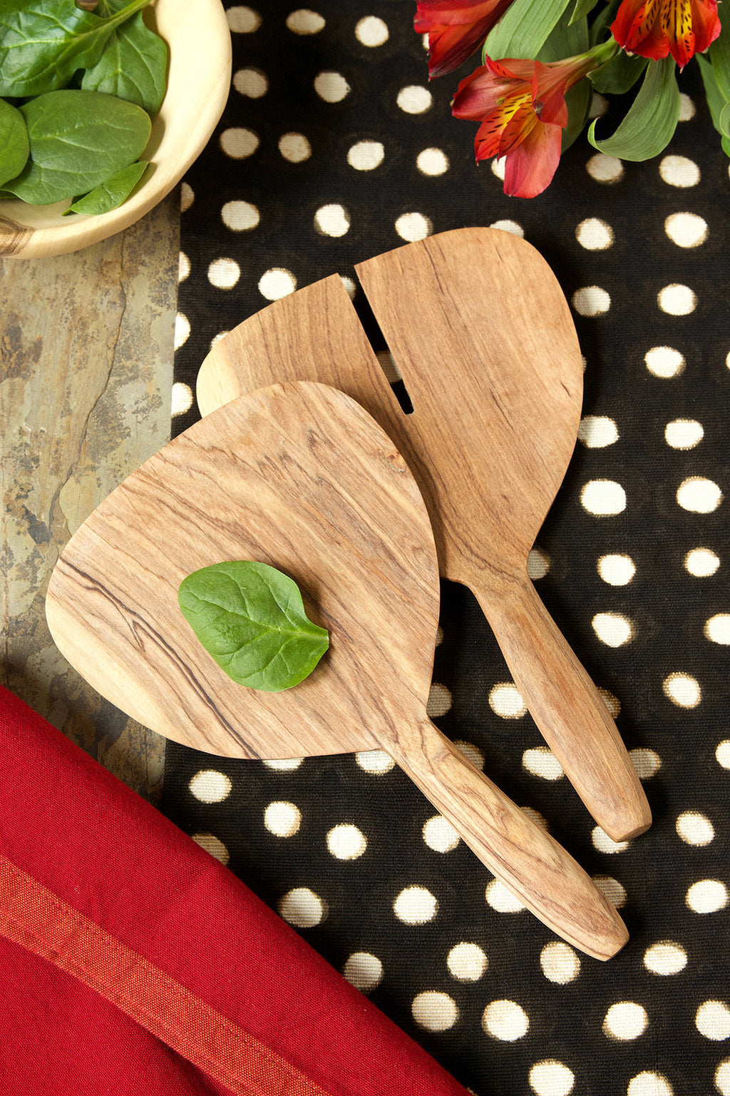 Kenyan Wild Olive Wood Ginkgo Leaf Salad Servers Default Title