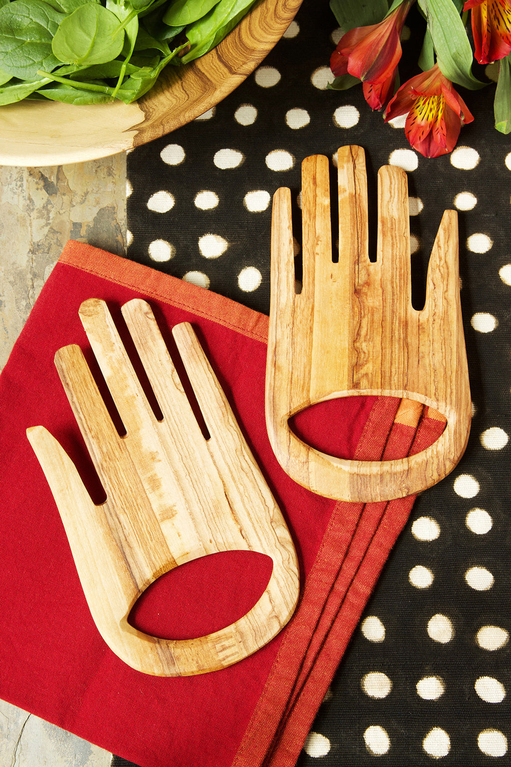 Kenyan Wild Olive Wood Helping Hands Salad Servers Default Title