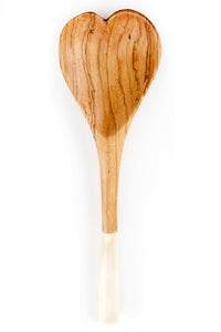 White Bone Handle Wild Olive Wood Heart Cooking Spoon - Valentine's Day Gifts