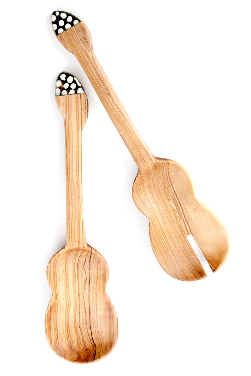 Wild Olive Wood Guitar Salad Server Set with Bone Handles