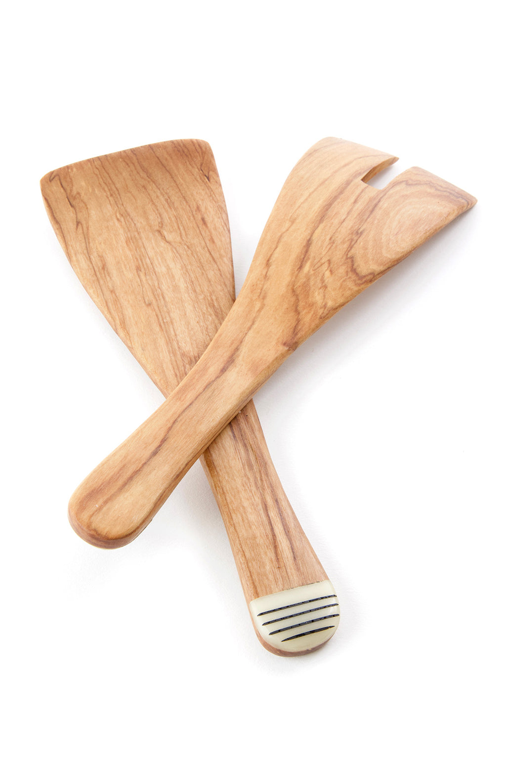 Petite Wild Olive Wood Salad Servers with Etched Bone Handles