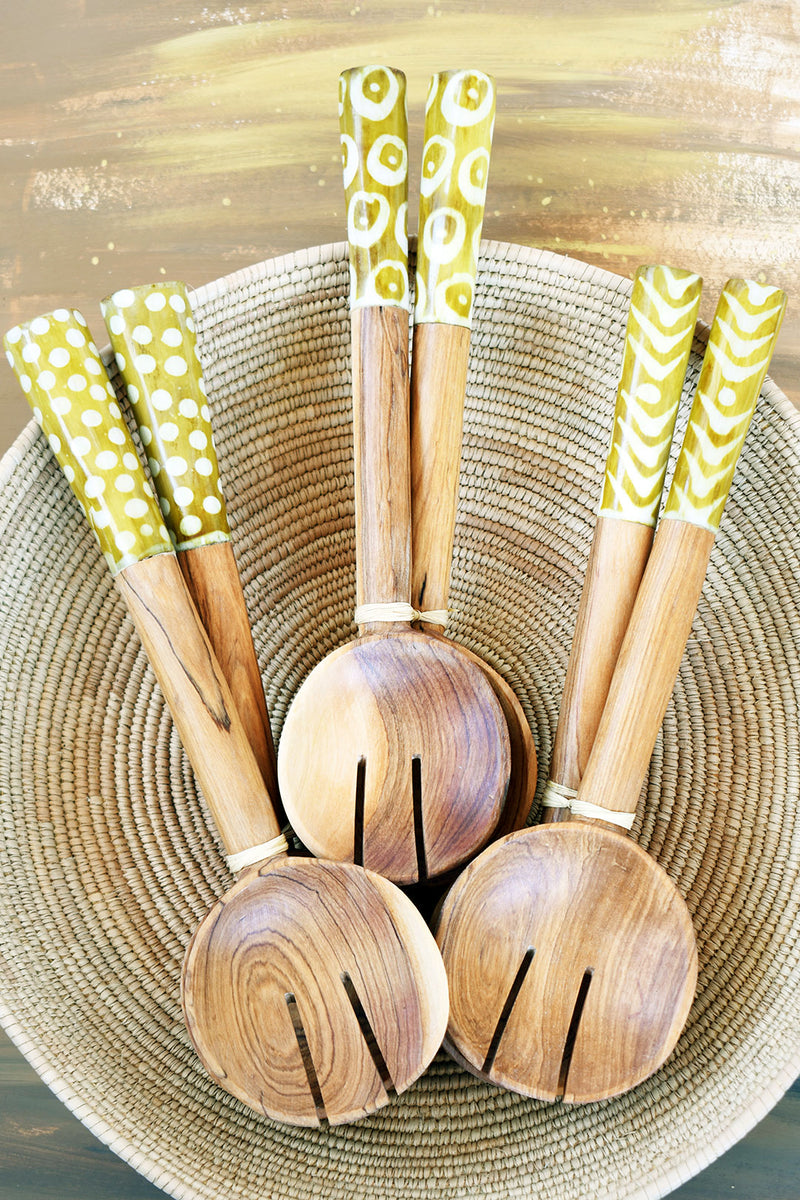 Wild Olive Wood Salad Servers with Assorted Golden Bone Handles