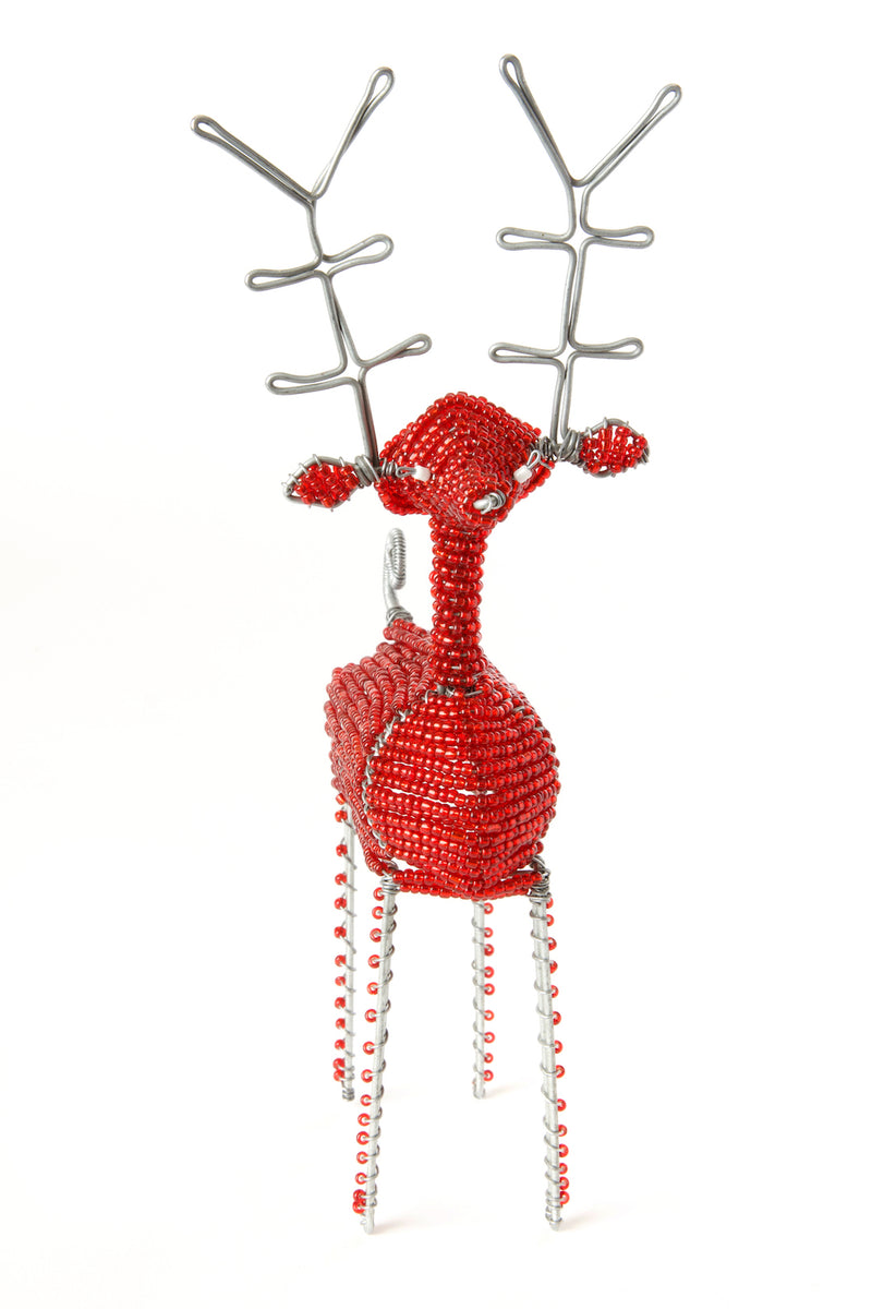 Red Beaded Wire Reindeer Sculpture from Kenya