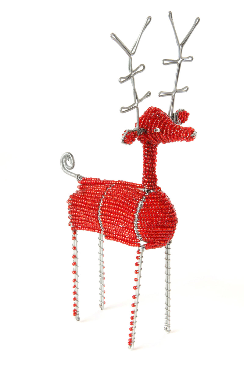 Red Beaded Wire Reindeer Sculpture from Kenya