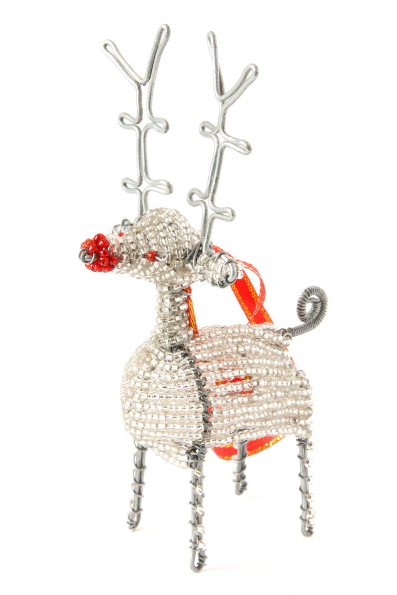 Silver Beaded Wire Holiday Reindeer Ornament