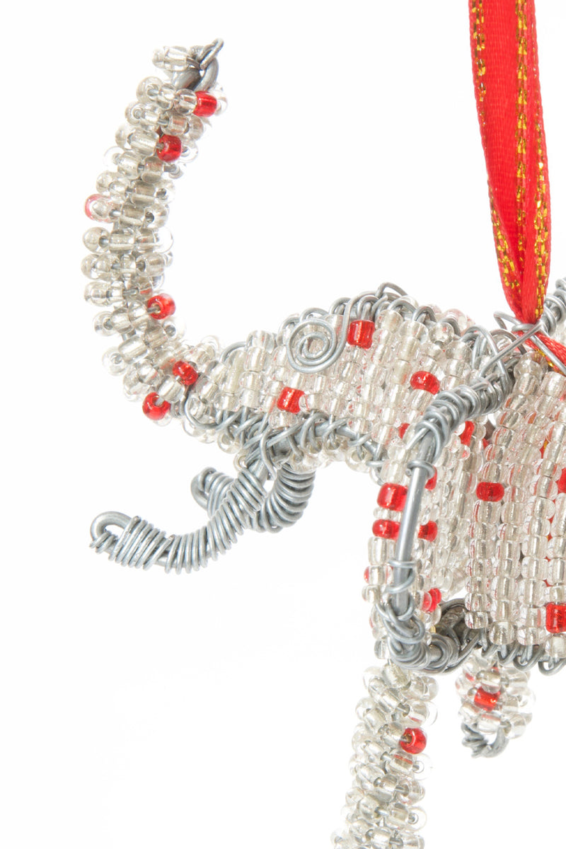 Silver Beaded Wire Holiday Elephant Ornament