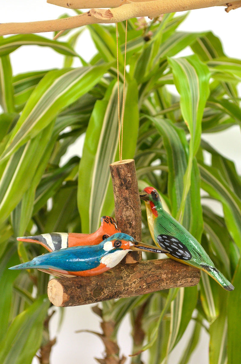 Hand Painted Perched Bird Trio Hanging Ornament