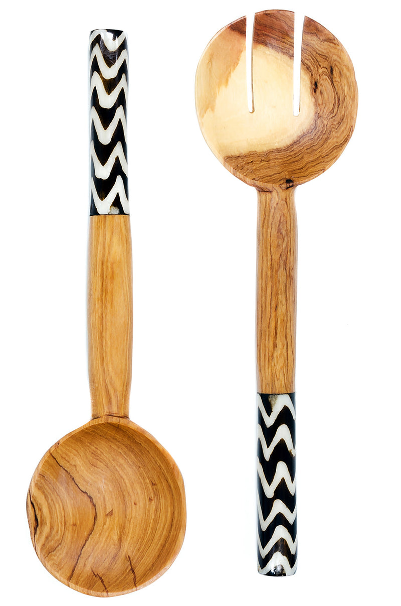 Kenyan Olivewood Salad Servers with Zebra Striped Bone Handles Default Title
