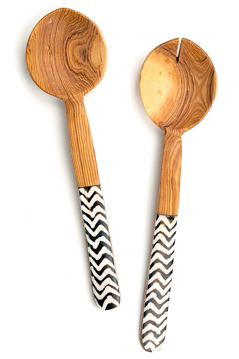 Kenyan Wild Olive Wood and ZigZag Cow Bone Flat Handle Servers Default Title