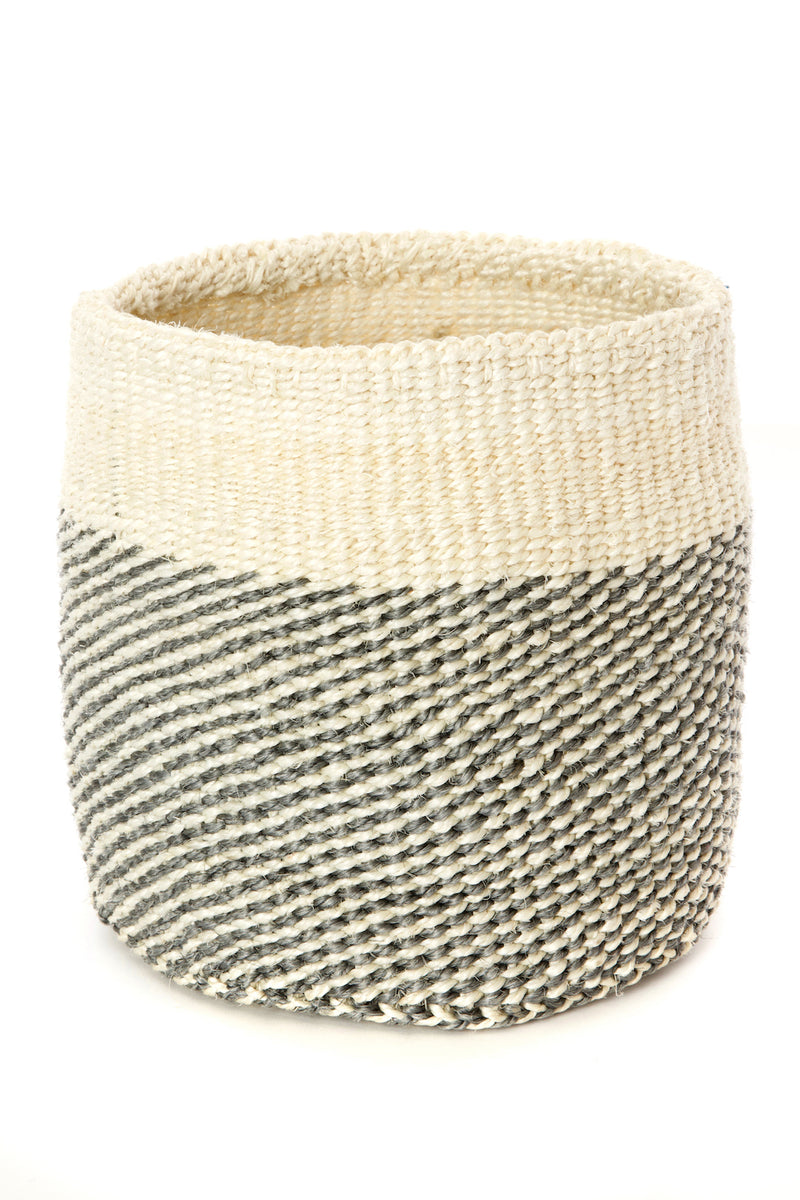 Set of Three Gray and Cream Twill Sisal Nesting Baskets