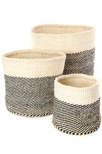 Set of Three Black and Cream Twill Sisal Nesting Baskets