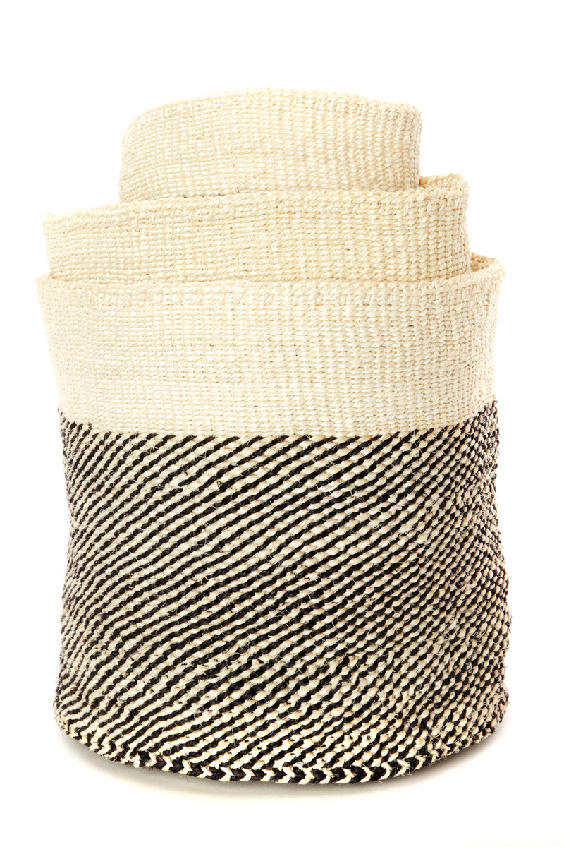 Set of Three Black and Cream Twill Sisal Nesting Baskets