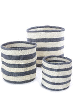 Set of Three Sisal Bins with Dove Gray Stripes