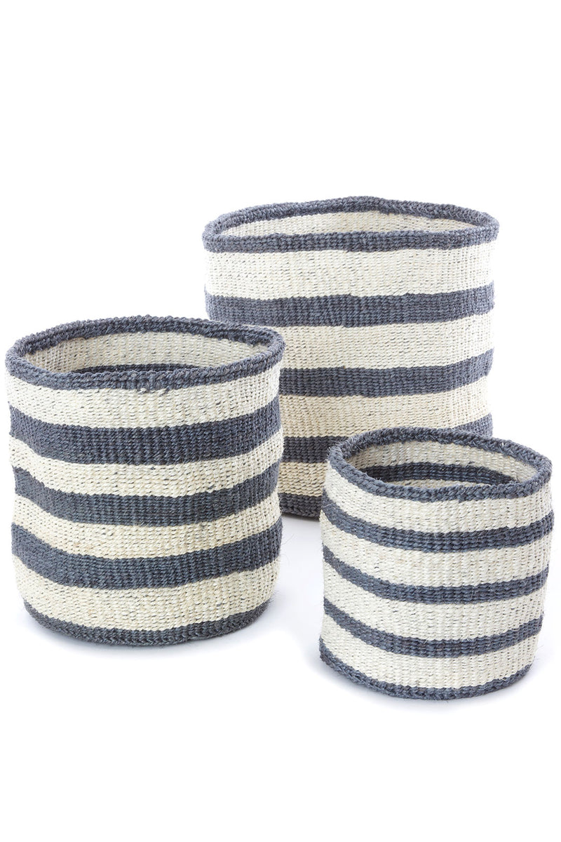 Set of Three Sisal Bins with Dove Gray Stripes