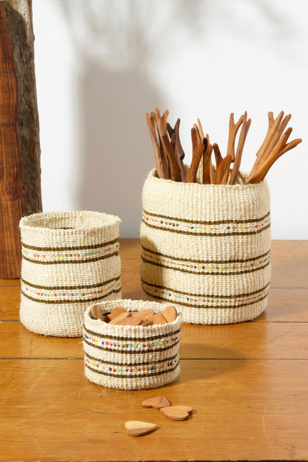 Vanilla Set of Three Petite Sisal Baskets with Colorful Beads