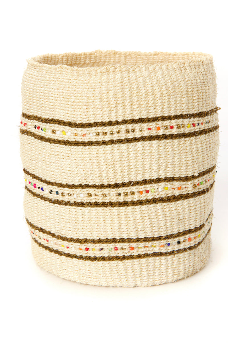 Vanilla Set of Three Petite Sisal Baskets with Colorful Beads