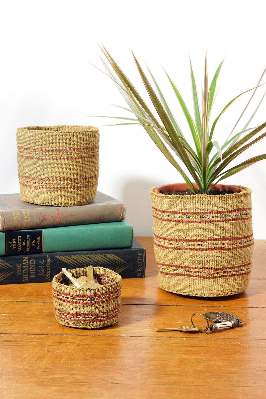 Caramel Petite Set of Three Sisal Baskets with Colorful Beads