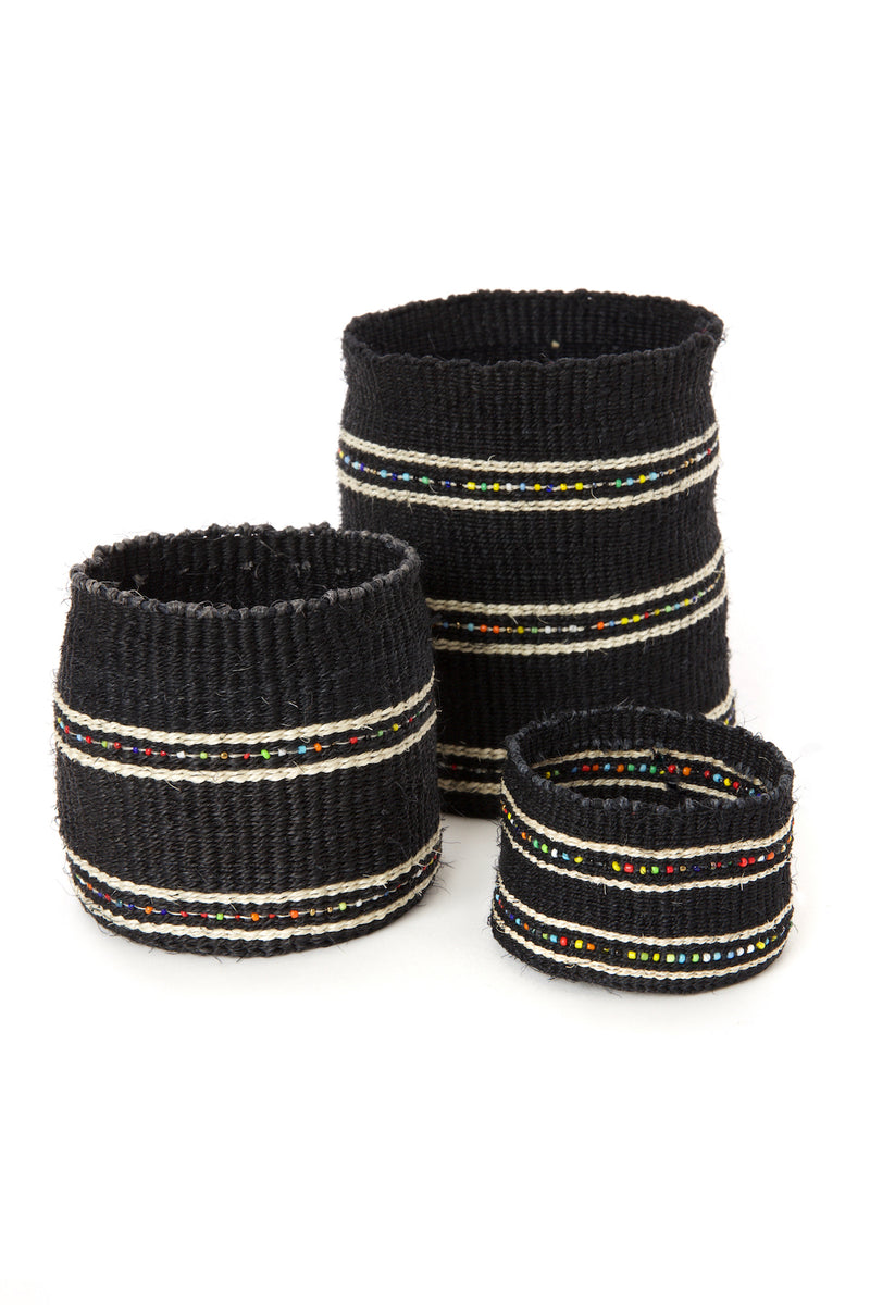 Licorice Petite Set of Three Sisal Baskets with Colorful Beads