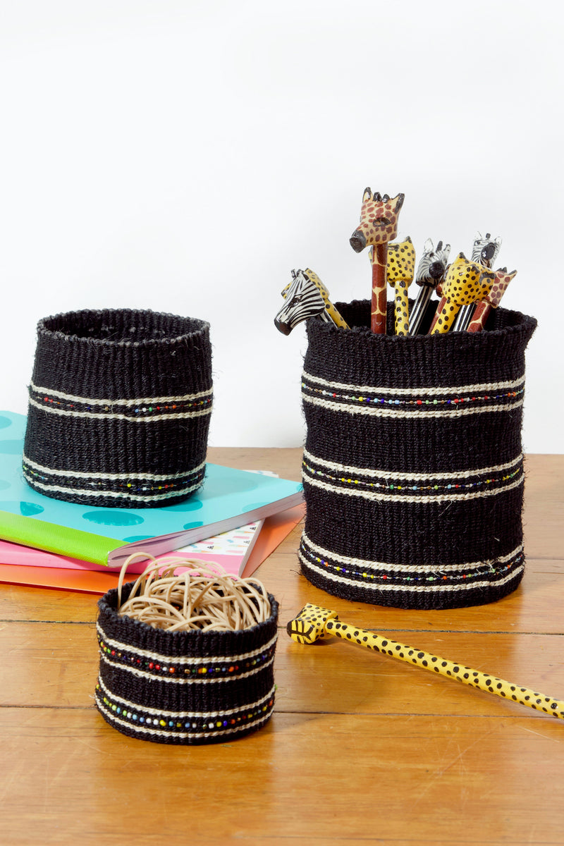 Licorice Petite Set of Three Sisal Baskets with Colorful Beads