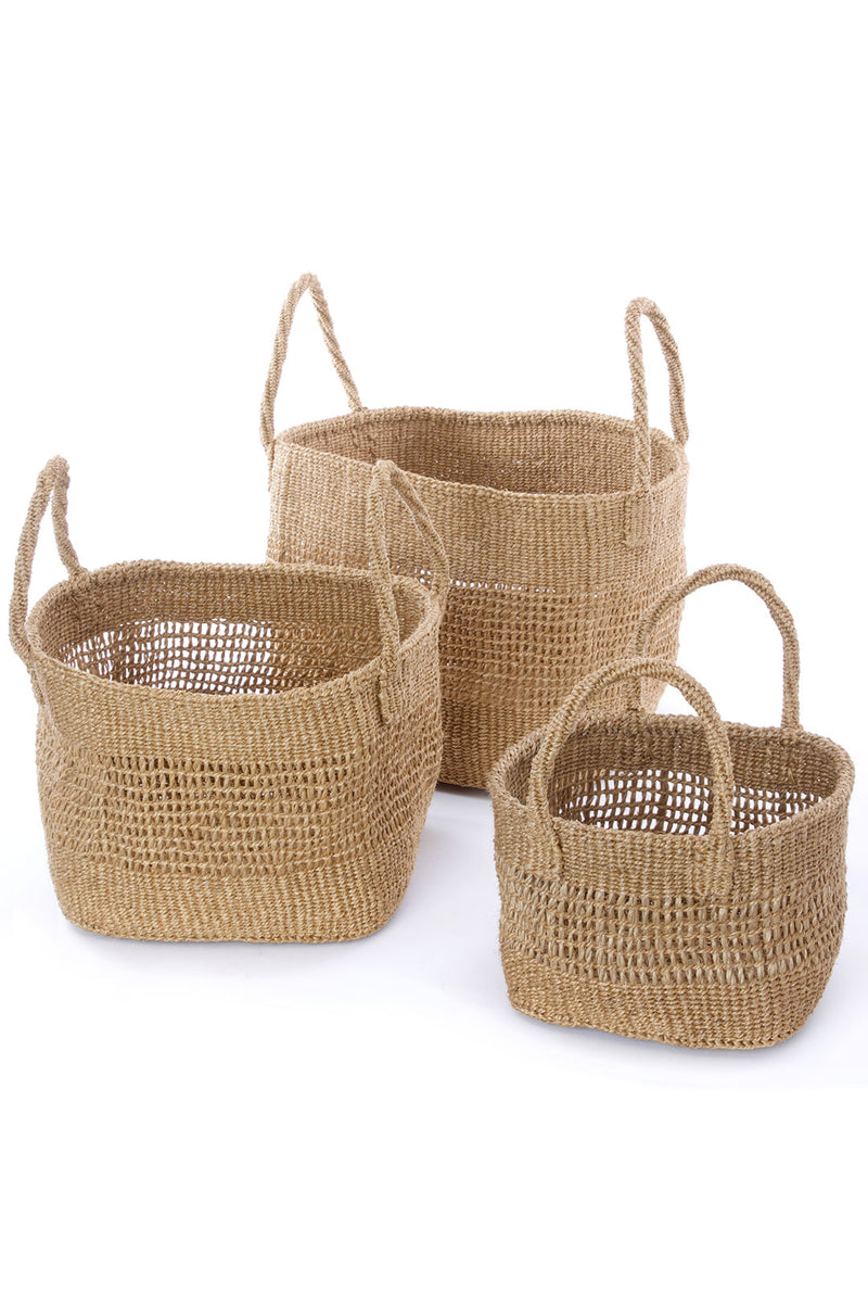 Set of Three Open Weave Khaki Sisal Nesting Baskets