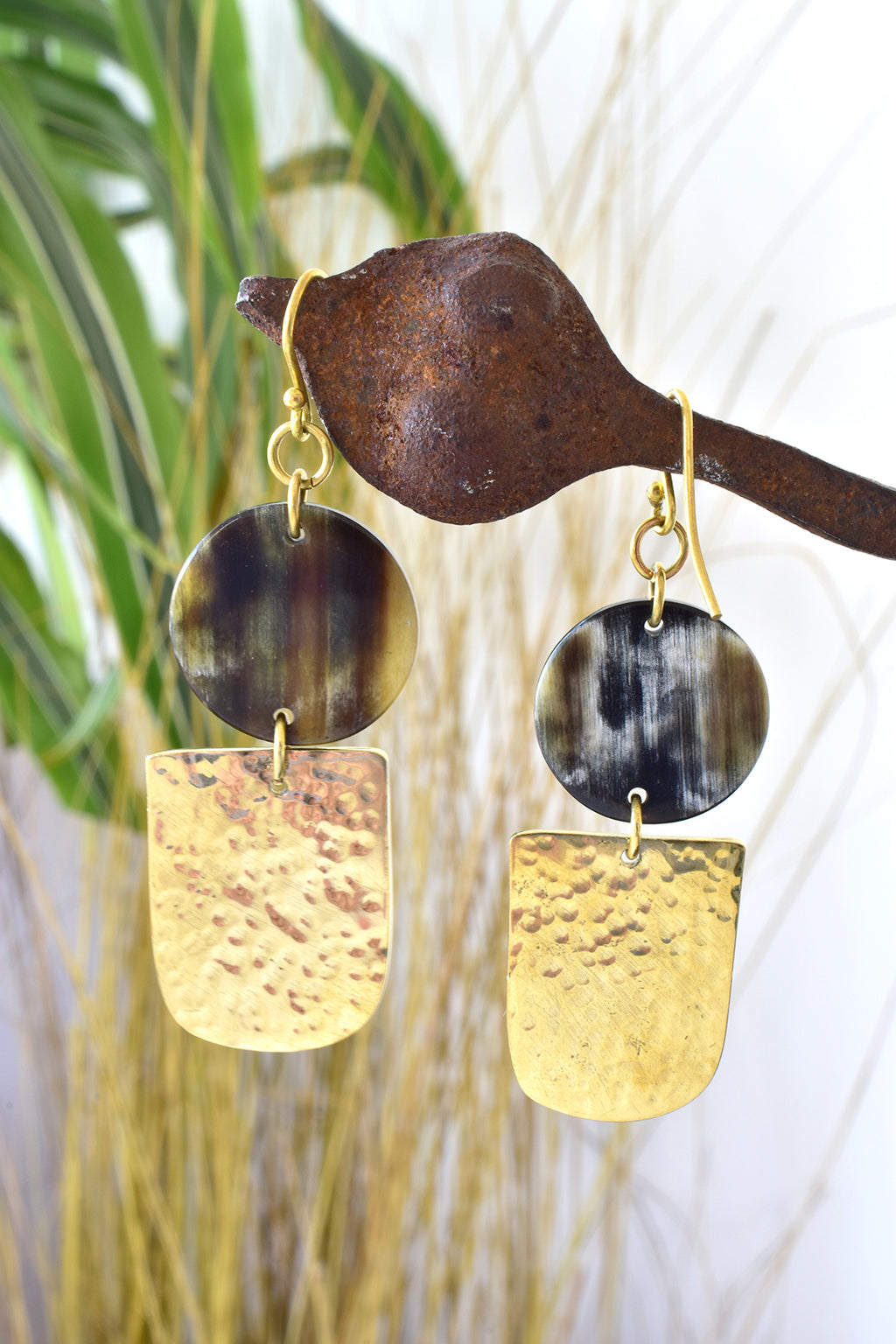 Kenyan Brass and Dark Cow Horn Inverse Earrings