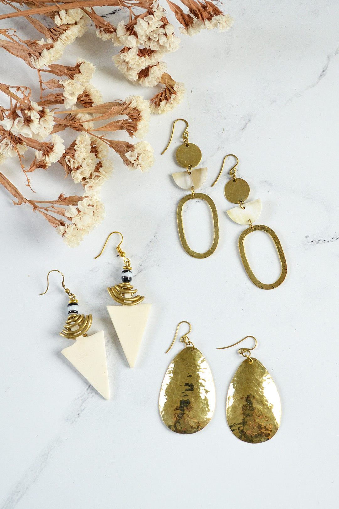 White Cow Bone & Brass Regent Earrings from Kenya