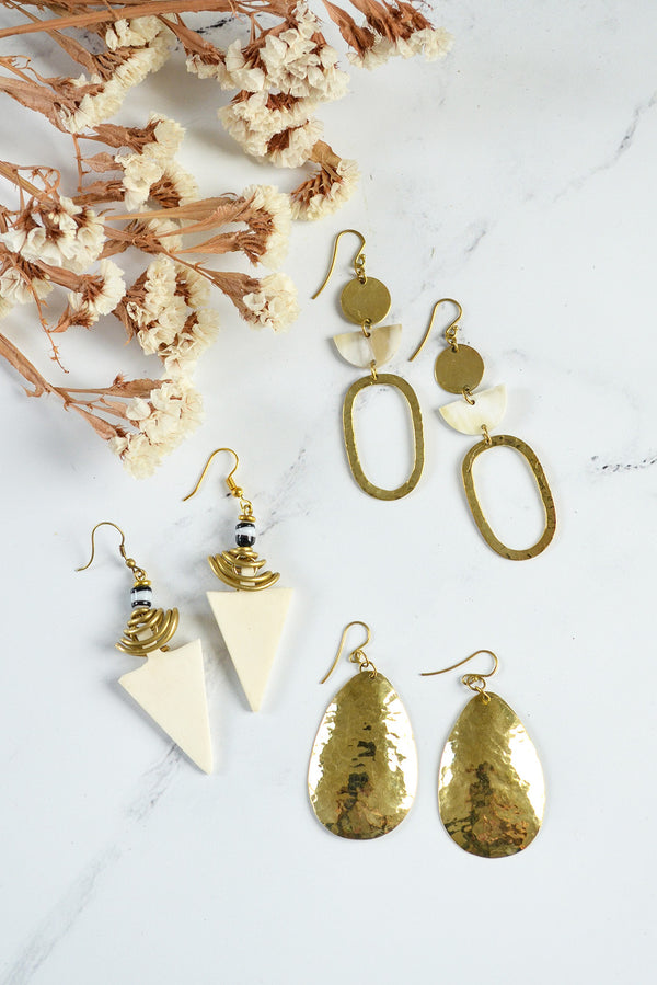 White Cow Bone & Brass Regent Earrings from Kenya