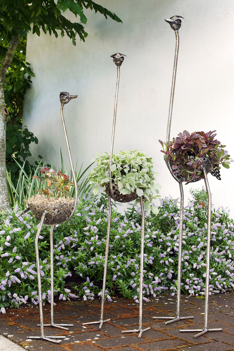 Tall Recycled Metal Ostrich Planters
