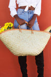 Kenyan Traditional Wide Weave Palm Shopper with Leather Trim