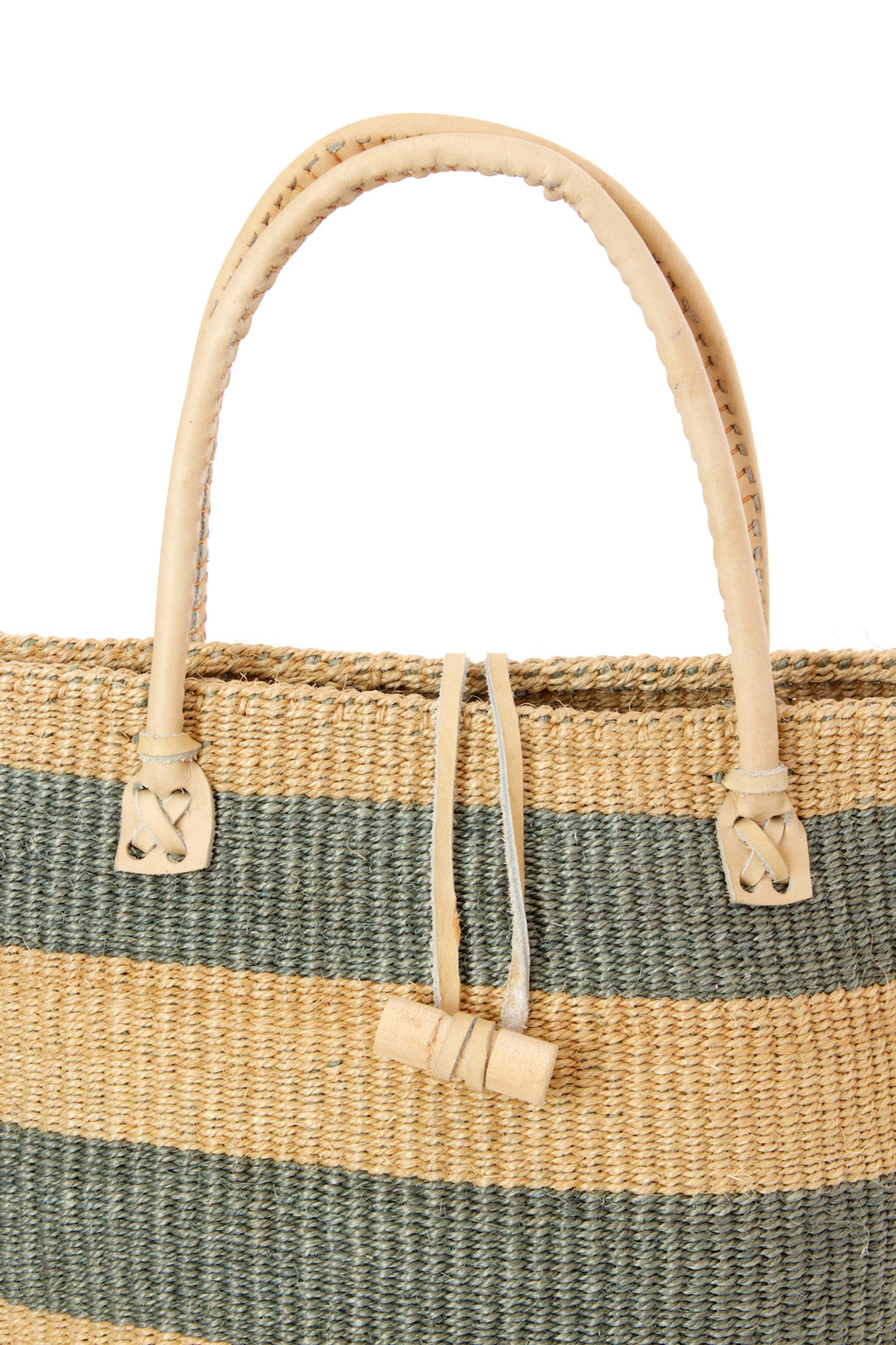 Silver & Blush Striped Sisal Handbag with Leather Handles